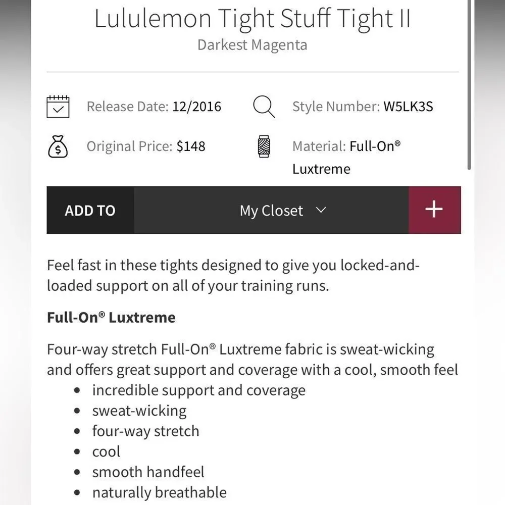 Lululemon Tight Stuff Tight II Darkest Magenta